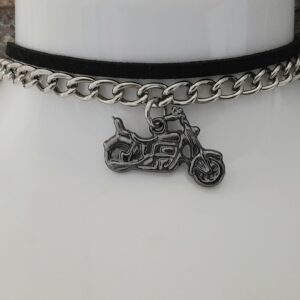 leather suede and stainless steel chain featuring a motorcycle cruiser in metal alloy